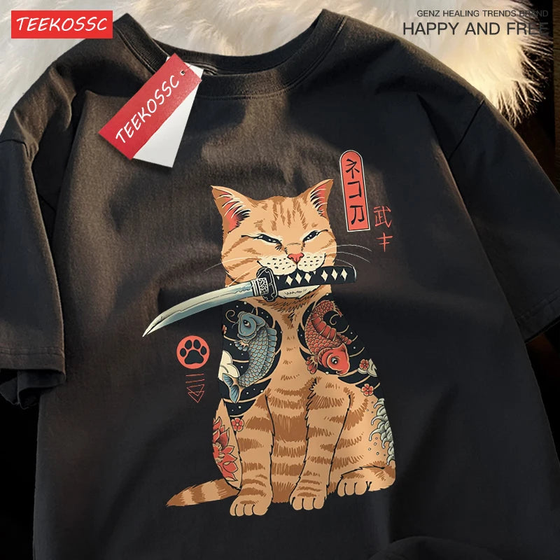Japanese Harajuku Samurai Sword Cat T-Shirt Men Women Casual Tee Clothes Cotton Summer Tops Breathable Oversized T-Shirts Couple