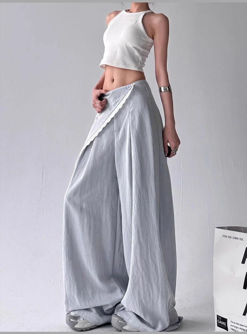 Zoki High Waist Streetwear Loose Pant Women Vintage Loose Design Wide Leg Trousers Casual All Match Summer Bf Hip Hop Pants New