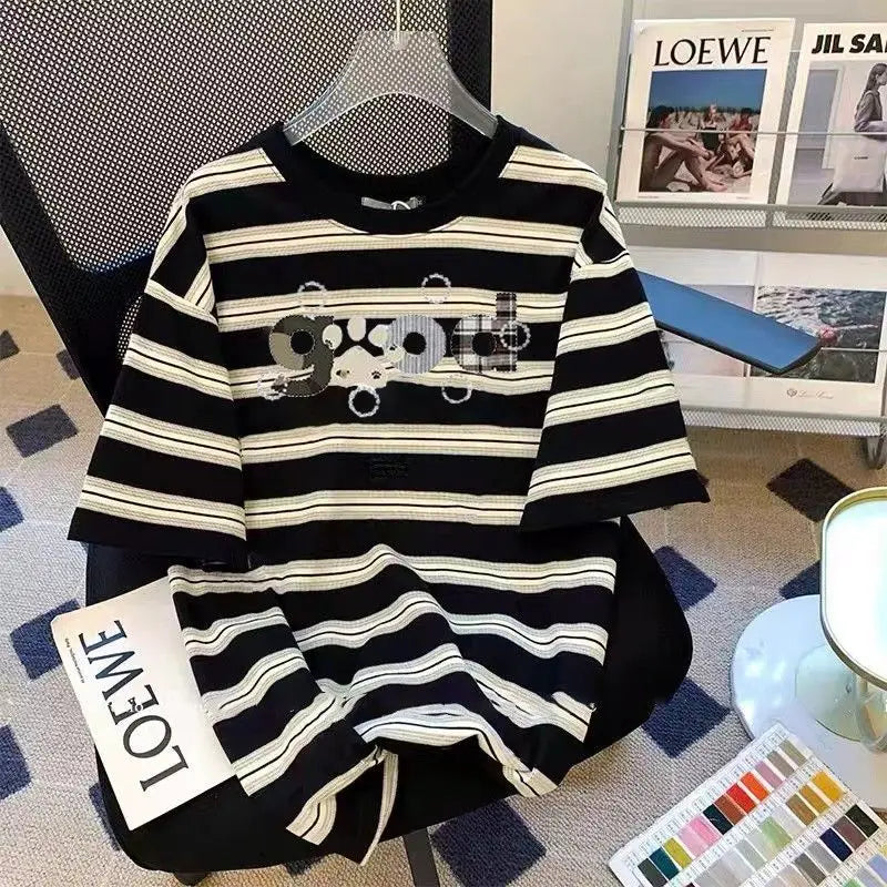 American high street hip-hop men and women trendy personality striped round neck short sleeved couple loose casual T-shirt top
