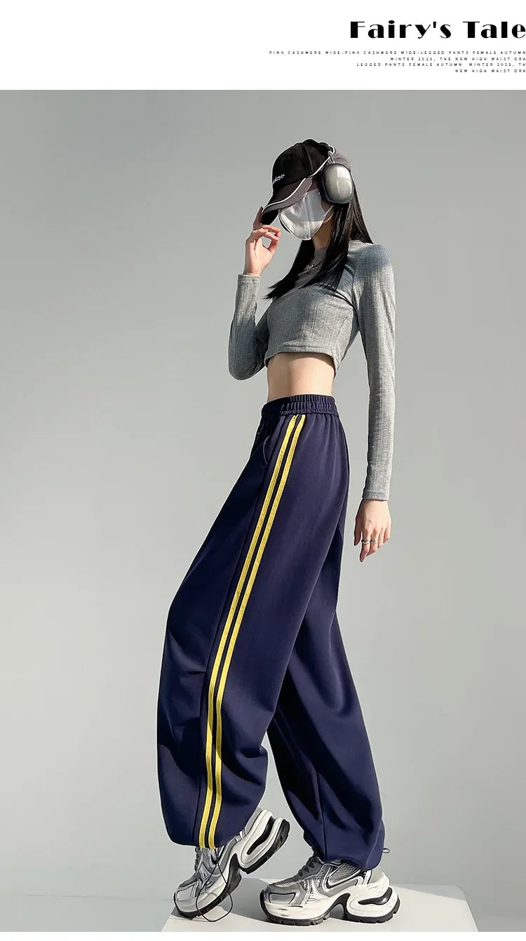 New 2025 American Stripe Sports Pants Women's Spring Autumn Wide Leg Loose Jazz Dance Casual Parachute Long Trousers