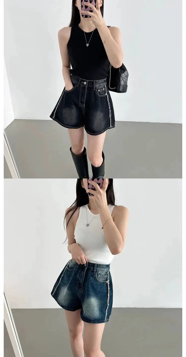 Retro Waed Distred High Waist Wide Leg Jeans orts Casual Sle A-Line Loose Fit Summer Denim orts for Women