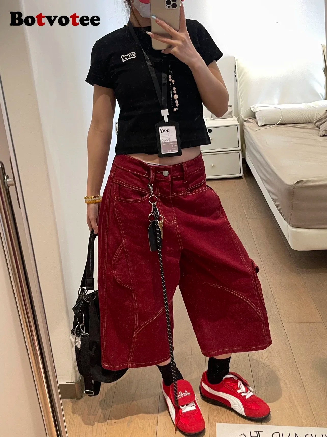 Botvotee Burgundy Calf Jeans for Women High Waisted Wide Leg Baggy Cargo Denim Shorts 2000s Y2k Vintage Streetwear Short Jeans