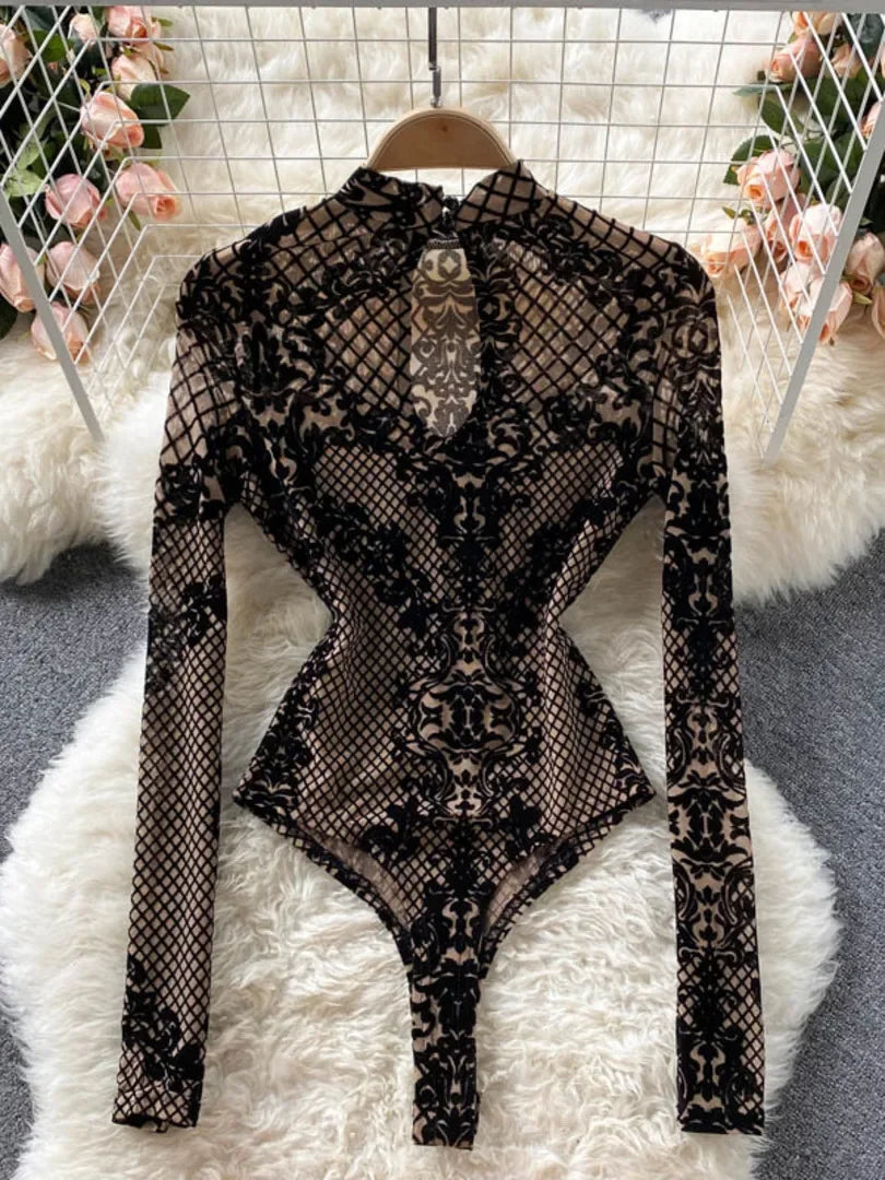 Autumn New Floral Print Bodysuit for Women Fashion Streetwear Elegant Stand Collar Long Sleeve Tight Fit Mesh Body Top Chic 2024