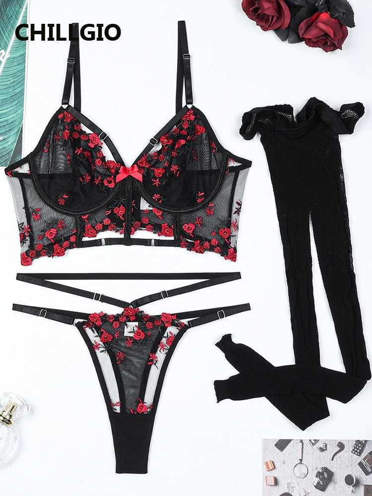 CHILLGIO Women Lingeries Sexy Hot Embroidery Bra Set Chic and Elegant Women's Ethical Underwear Bodycon Bras Panty Stockings Set