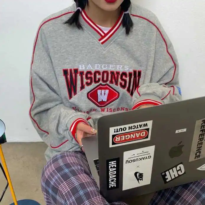 Retro American V-ne Letter Embroidery Pure Cotton College BF Sle Loose Fit Thin Hoodie Women's Autumn Baseball Jaet