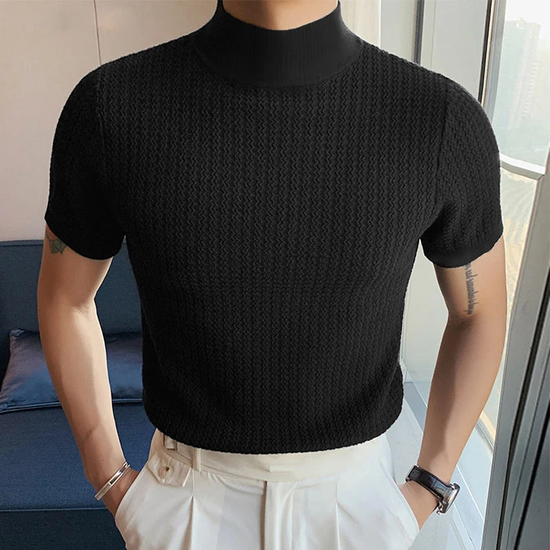 New Summer Fashion Tight T-shirt Casual Streetwear Textured High-neck Solid Color Short-sleeved Bottoming Tees Korean Style Tops