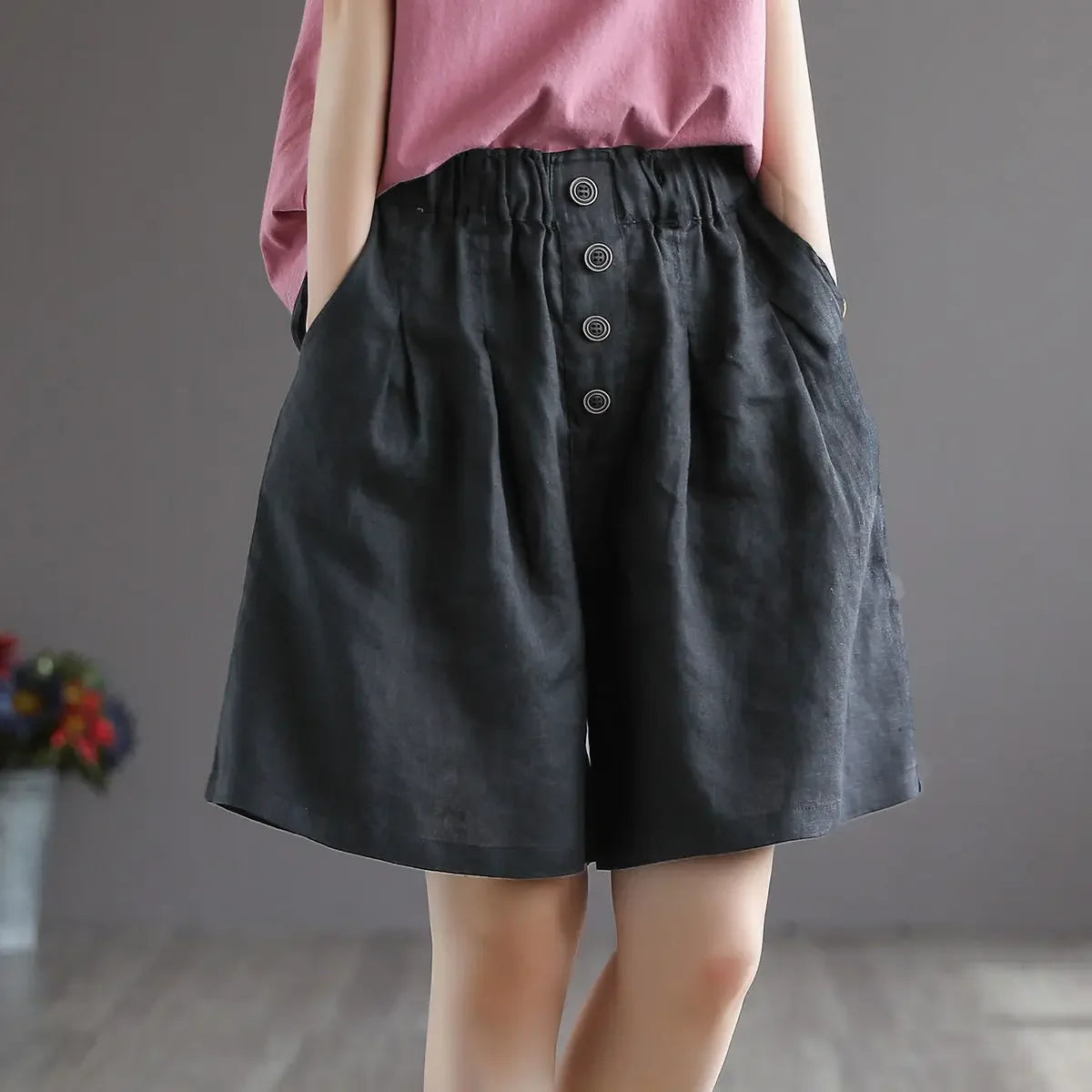 Vintageartistic High-waisted Slimming Cotton Linen Shorts For Women Casual Loose-fit Bell Bottoms 2024 New Style