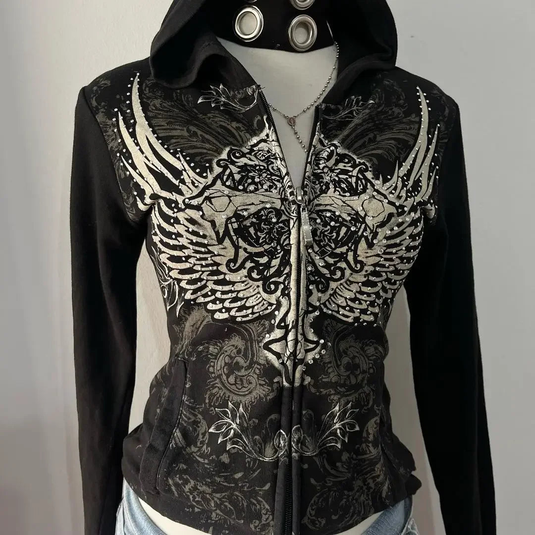 New gothic rhinestone print hip hop Harajuku zipper hoodie American retro design classic punk slim hottie black jacket y2k