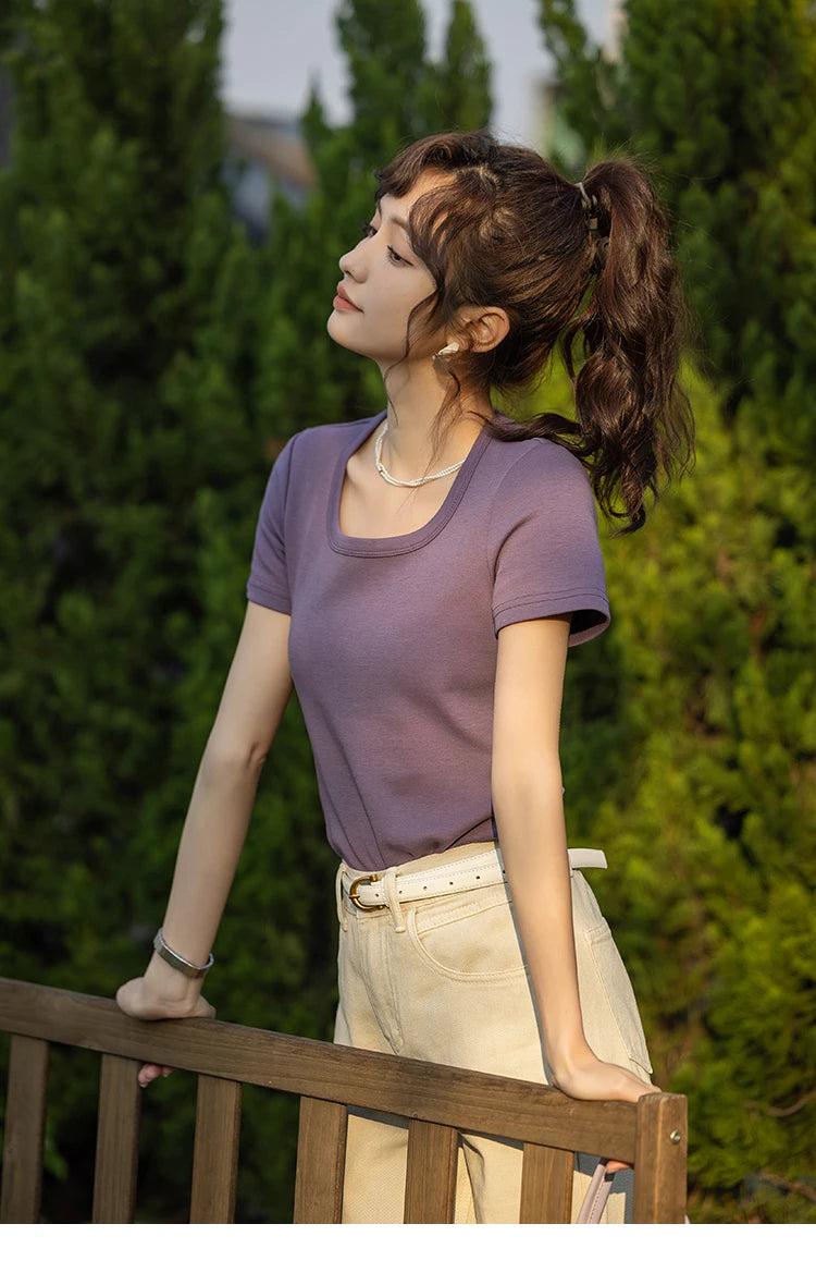 MISHOW Short Sleeve T-shirts Women Spring Solid Square-neck Top Elegant Woman Clothes Office Lady Cotton Tees MXC12T0641