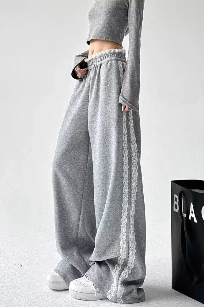 Trendy Casual Wide Leg Pants Women's Autumn Winter High Waist Splicing Lace Trim Drapey Slimming Sporty Trousers