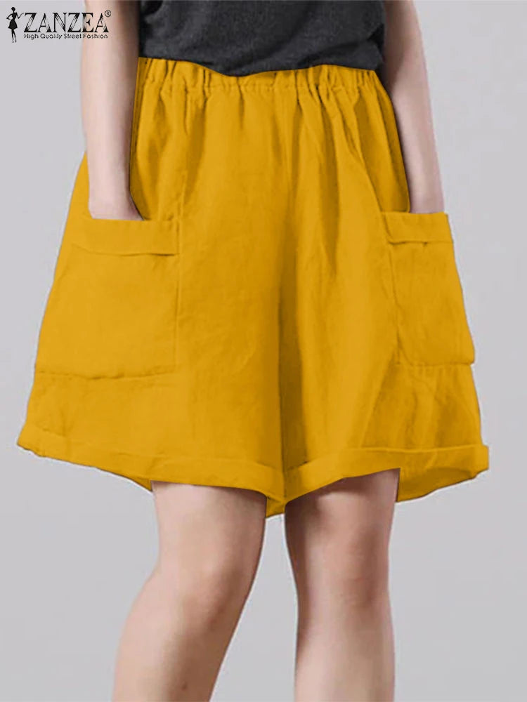 ZANZEA Vintage Summer Shorts Women Fashion High Elastic Waist Pantalons Pockets Solid Color Wide Leg Pants Casual Loose Shorts