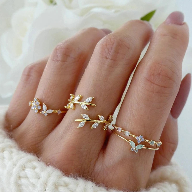 Vintage Shiny Zircon Butterfly Heart Ring Set Gold Color Boho Elegant Eyes Moon Geometric Rings Women Party Jewelry