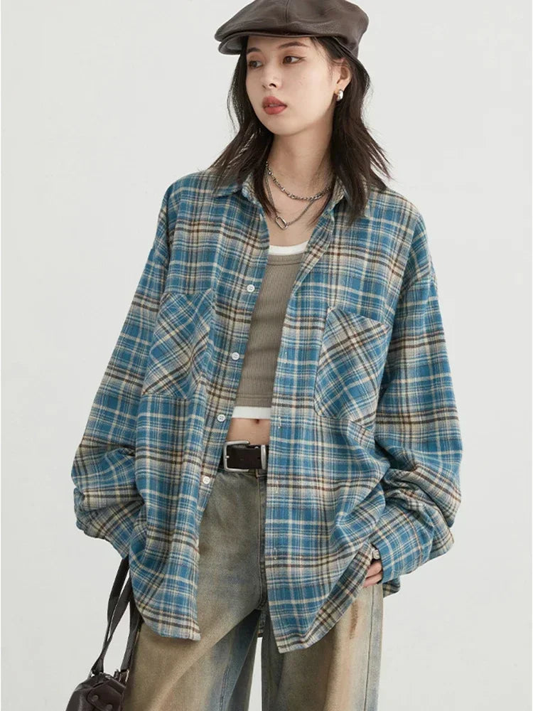 CHIC VEN Women's Cotton Shirt Single Breasted Loose New Retro Color Blocked Grid Female Blouses Autumn Spring 2024