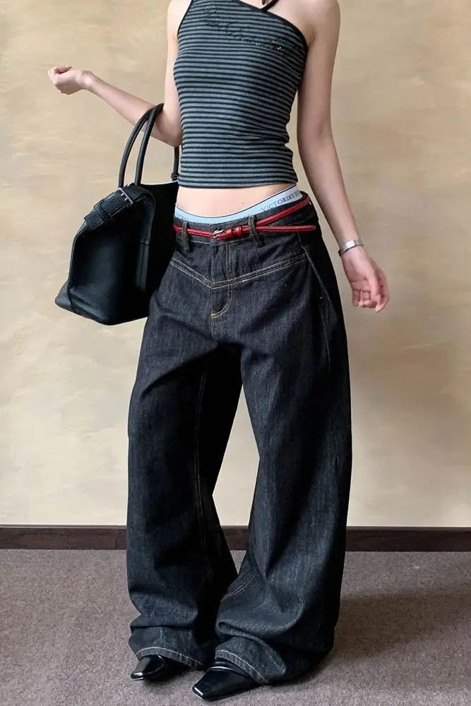American Retro Primary Color Scimitar Jeans Women's Summer New High Street Design Loose and Thin Wide Leg Floor Pants