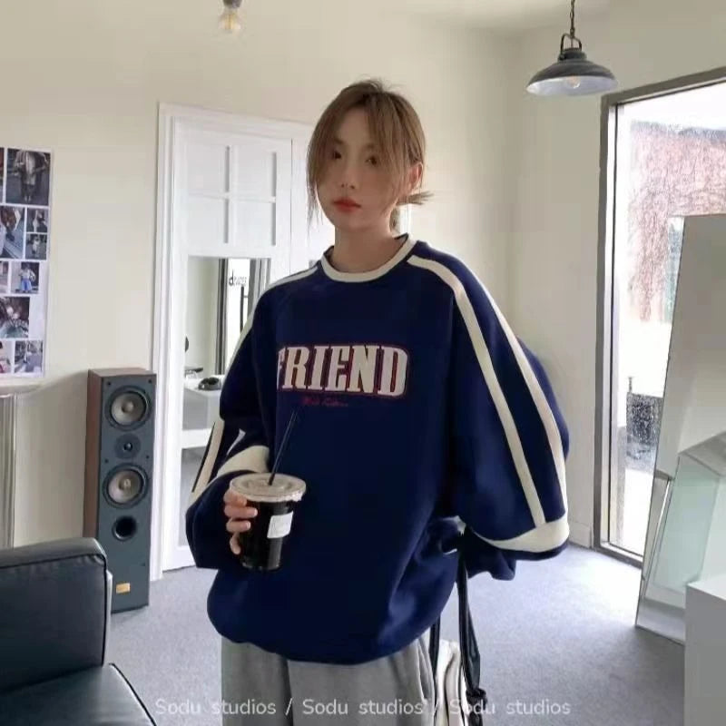 Autumn White Women Clothing Vintage Street Sweatshirt Y2K Stripe Letter Printing Pullover Long Sleeves Warm Oversize Ladies Tops