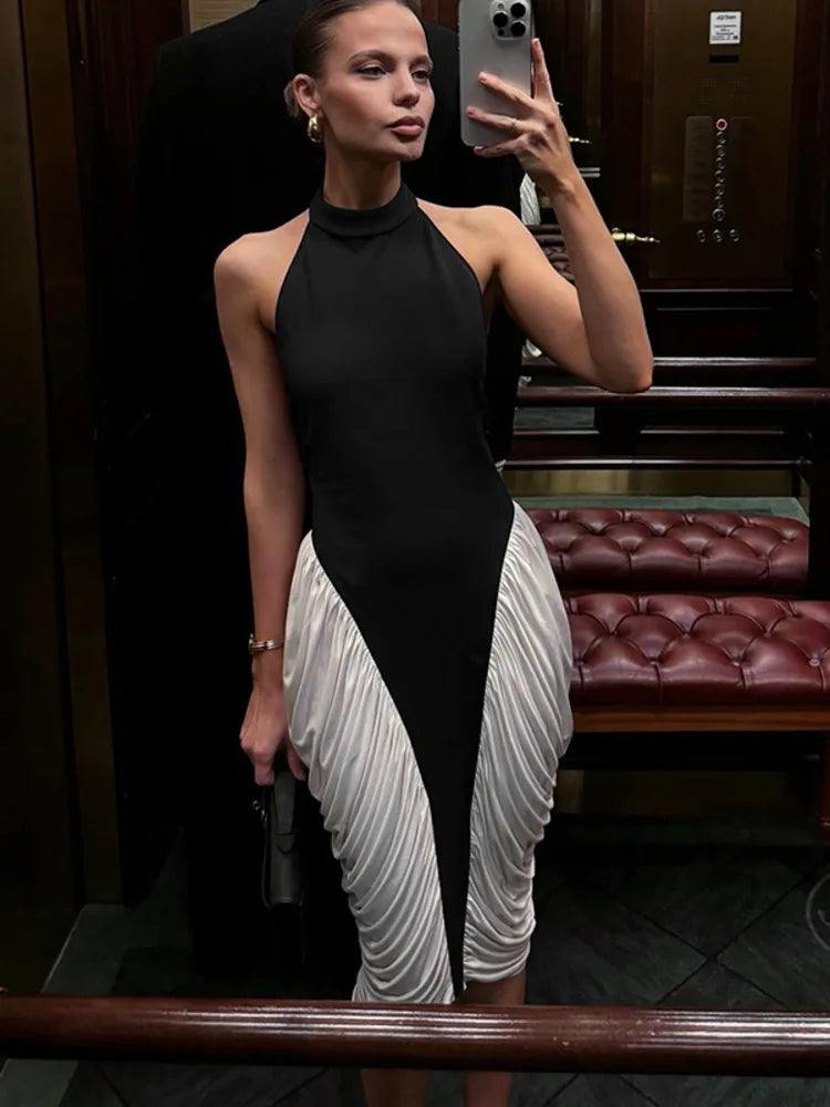 Mozision Patchwork Halter Backless Sexy Midi Dress Women Gown Elegant Fashion Contrast Color Sleeveless Pleated Long Dress