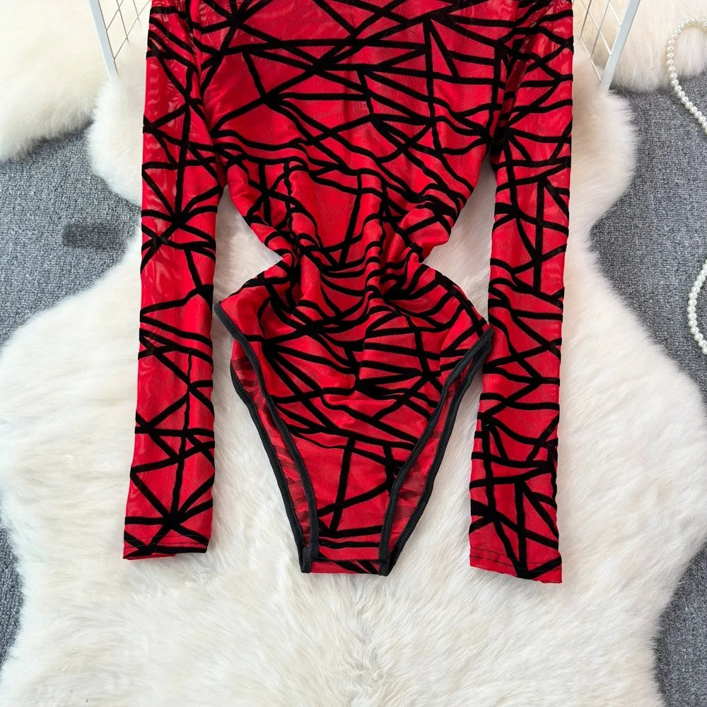 Foamlina Sexy Hollow Out Mesh Bodysuits for Women Fashion Striped Print Stand Collar Long Sleeve Slim Fit Club Party Jumpsuits