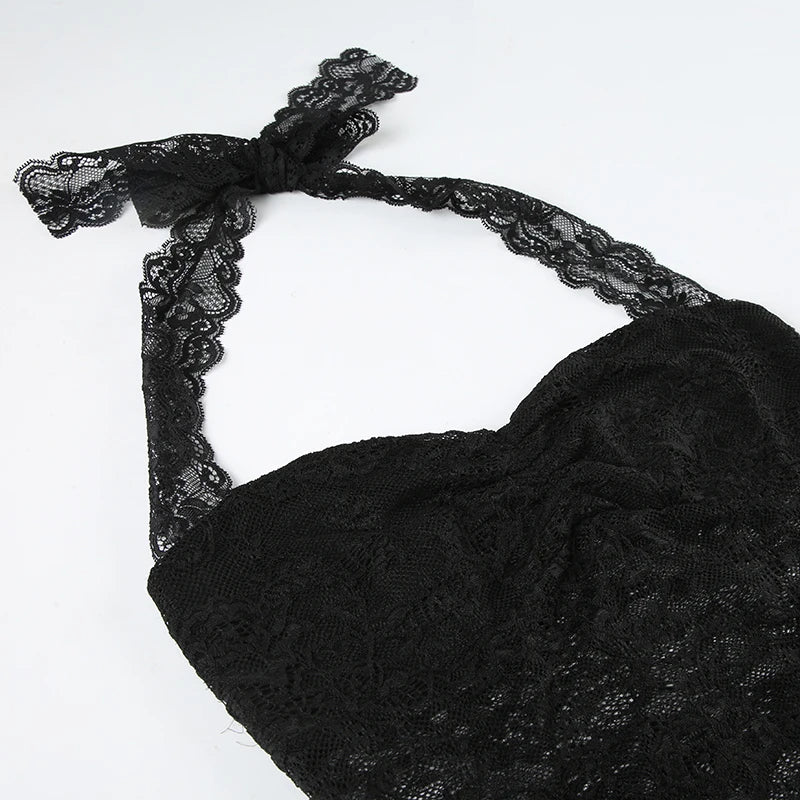 Cuteandpsycho Sexy Lace Patchwork Y2K Camisoles Backless Transparent Slim Outfits Party 90s Vintage Clubwear Halter Neck Tops