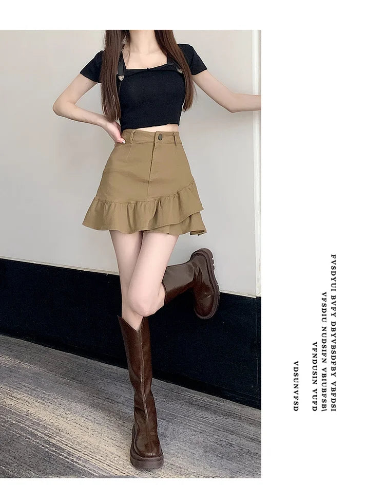 High Waist A-Line  Skirt Women's Spring Summer Denim f-length Skirts with Lace Hemline Cotton Polyester Blend