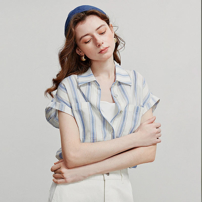 TOYOUTH Women Blouse Shirt 2025 Summer New Blue and White Striped Sleeveless Turn Down Collar Casual Shirt Tops 8522042