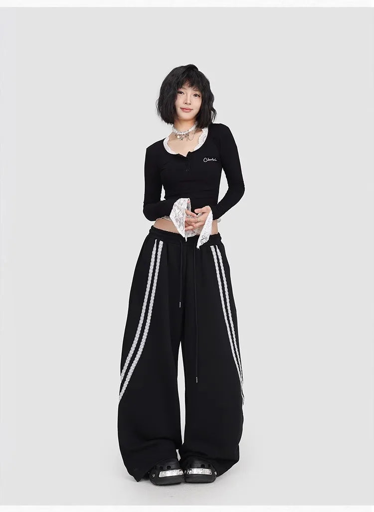 CBXLAB Street Dance Women' s Black lace pull-tab jazz pants K-pop spicy girl long pants street leisure pants trendy.