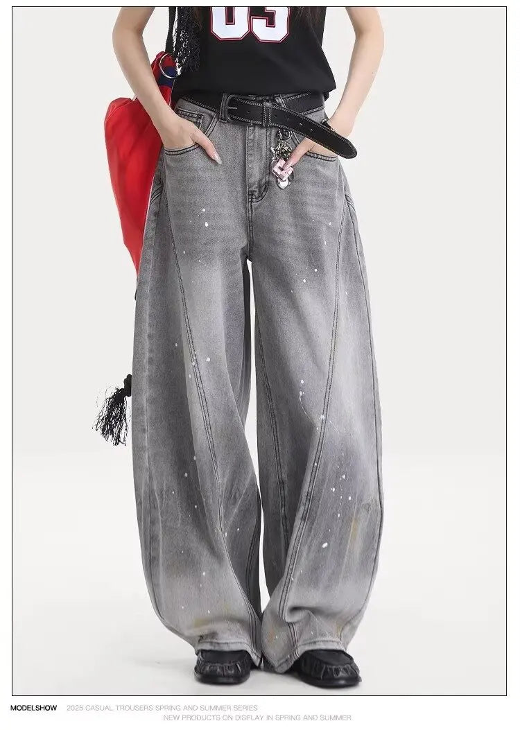 American retro washing smoke grey ink jeans scimitar straight wide-leg lazy style casual trousers Korean style