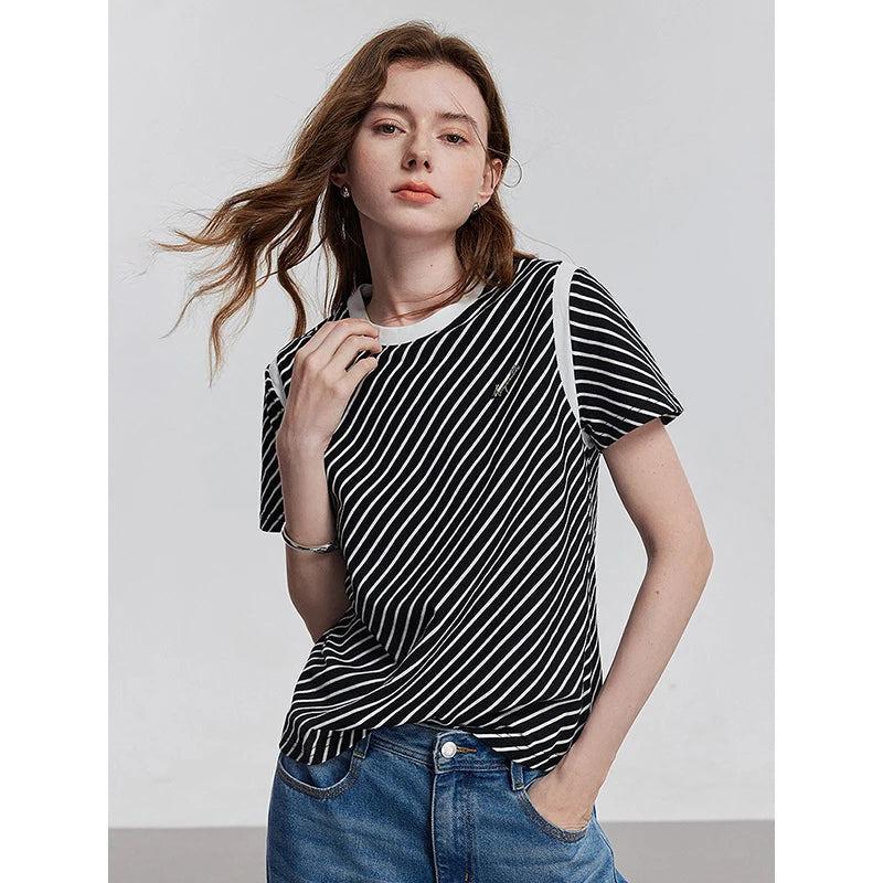 TOYOUTH Women Short Sleeve Striped T shirt 2025 Spring New Tops 8521021