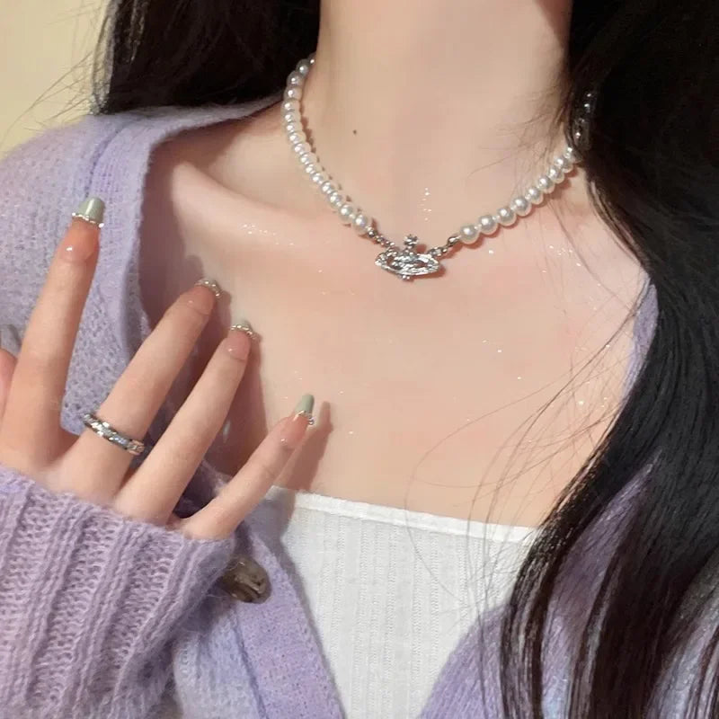 2024 New Luxury Fashion Sweater Chain Necklace Women's Zirconia Tungsten Planet Pearl Necklace High-end Feel Sweater Chain