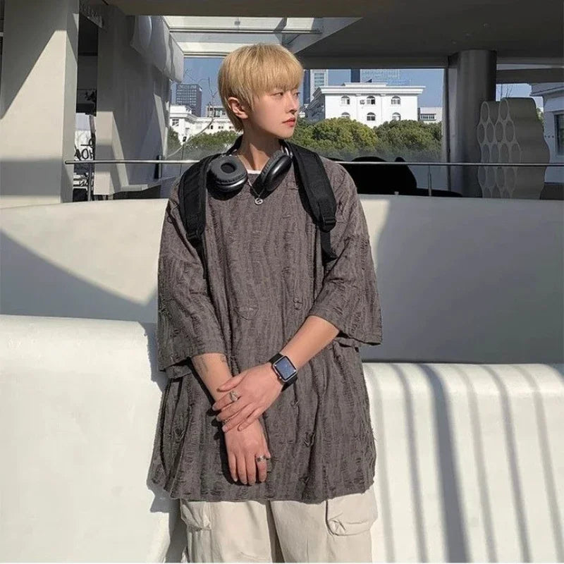 Male Tees Shirts American Style Five-point Sleeve Elasticity Men's T-shirt Oversized No Logo Ordinary Vintage Clothing Y2k Tops