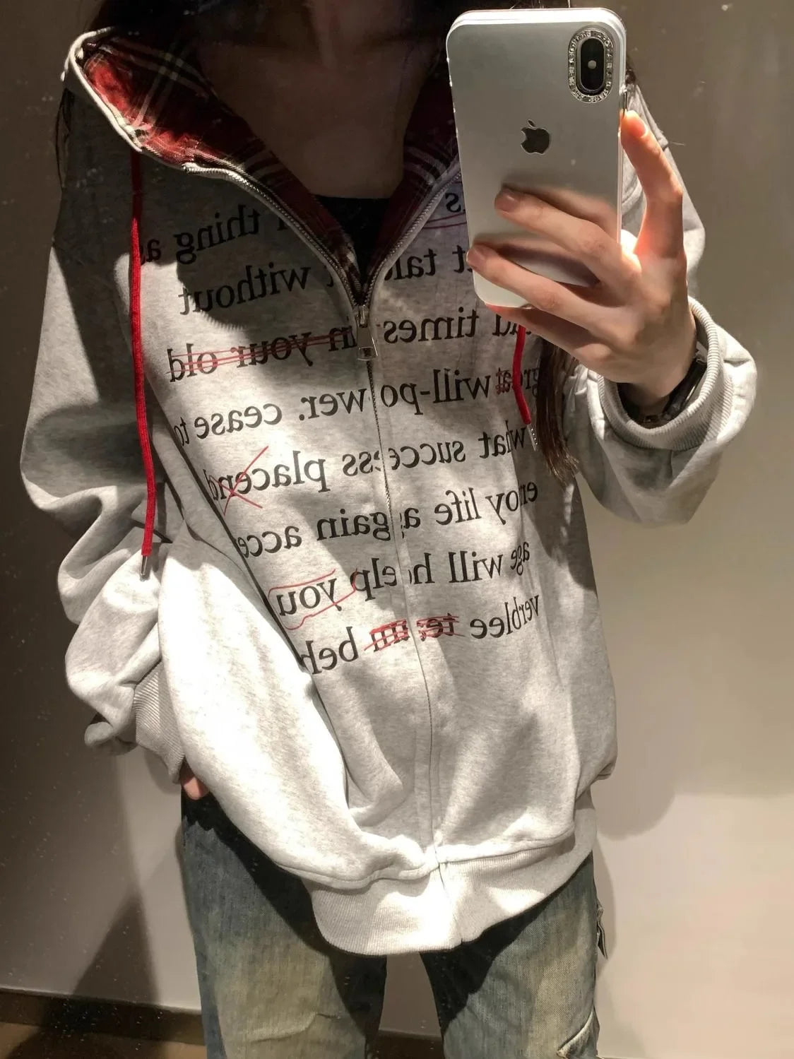 Hua Cotton Blend Milk Silk Hoodie Zipper Couple Jacket Retro Letter Patchwork Hat Sweatshirt 280g Vintage Style Women's Clothing