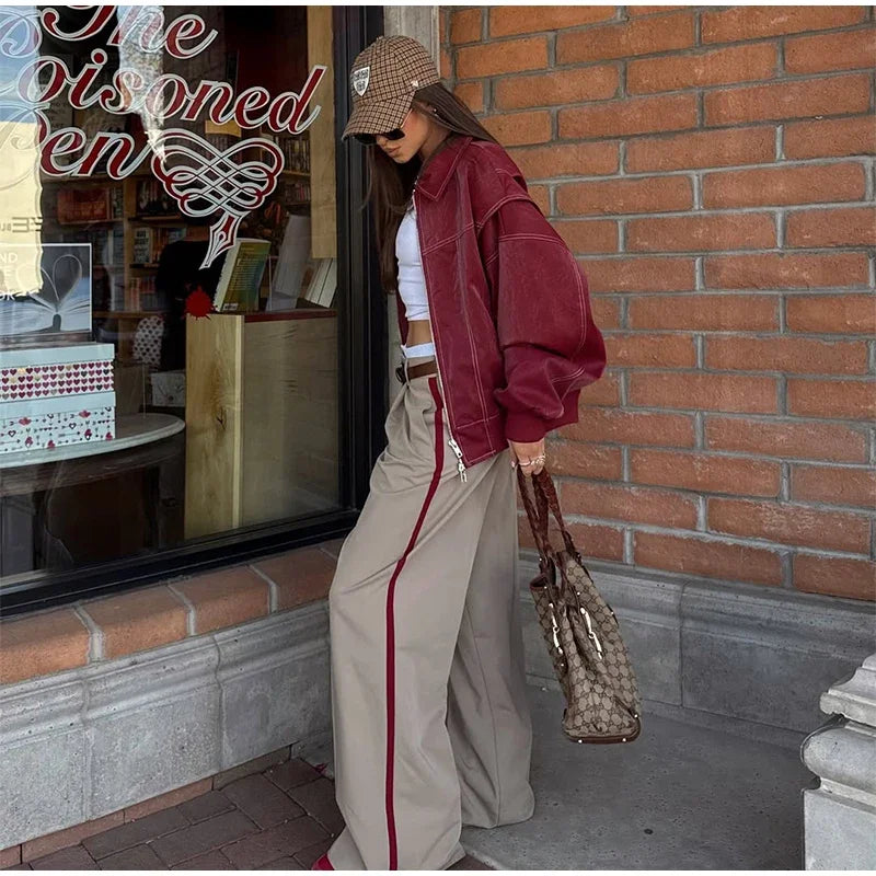 Women's Artificial Leather Short Jacket Retro Red Linen Coat Spliced Zipper Jacket Autumn Women's Lapel Pocket Street Sportswear