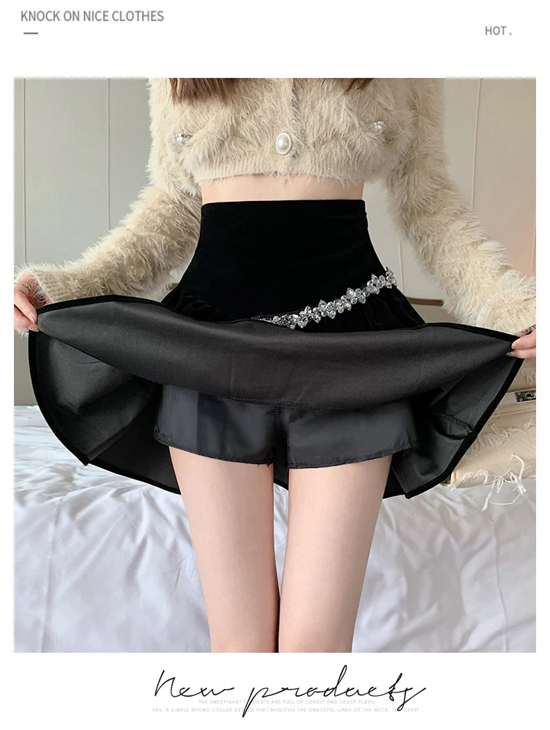 Bla Velvet Cake f Skirt Women's Autumn Winter High Waist A-Line Fluffy ort Skirt Small Size Pleated f Skirt