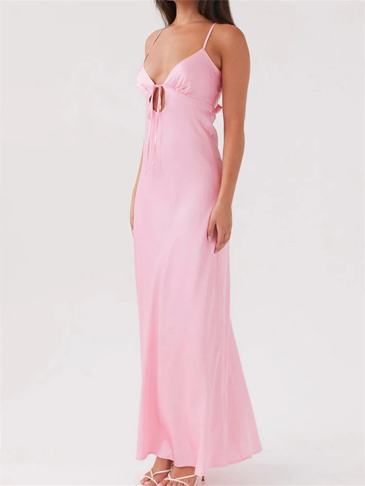 CHRONSTYLE Women Dresses Solid Color Sleeveless Strap V-neck Front Tie-Up Backless Long Dress Summer Slim Casual Female Vestidos