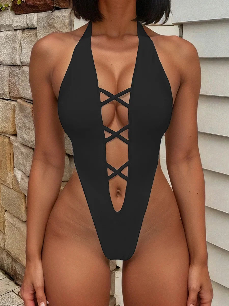 Deep V Neck Wrinkled Cross Backless Female Monokini One Piece Swimsuit Women Thong Swimwear High Cut Bather Bathing Suit Swim