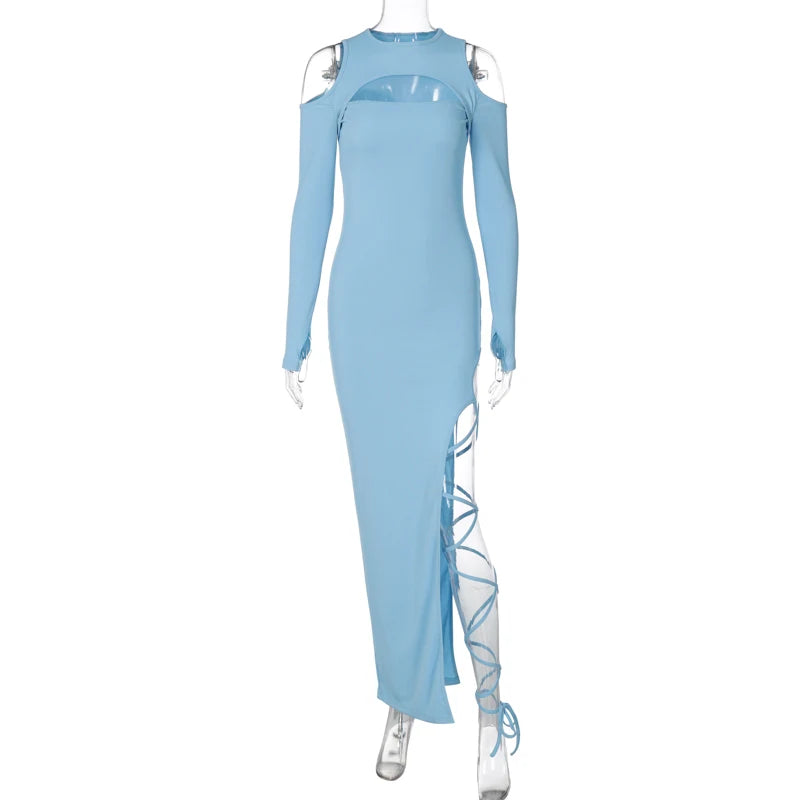Hugcitar Long Sleeve Solid Hollow Out Slit Lace Up Elegant Sexy Bodycon Maxi Prom Dress 2023 Fall Women Birthday Party Outfit "