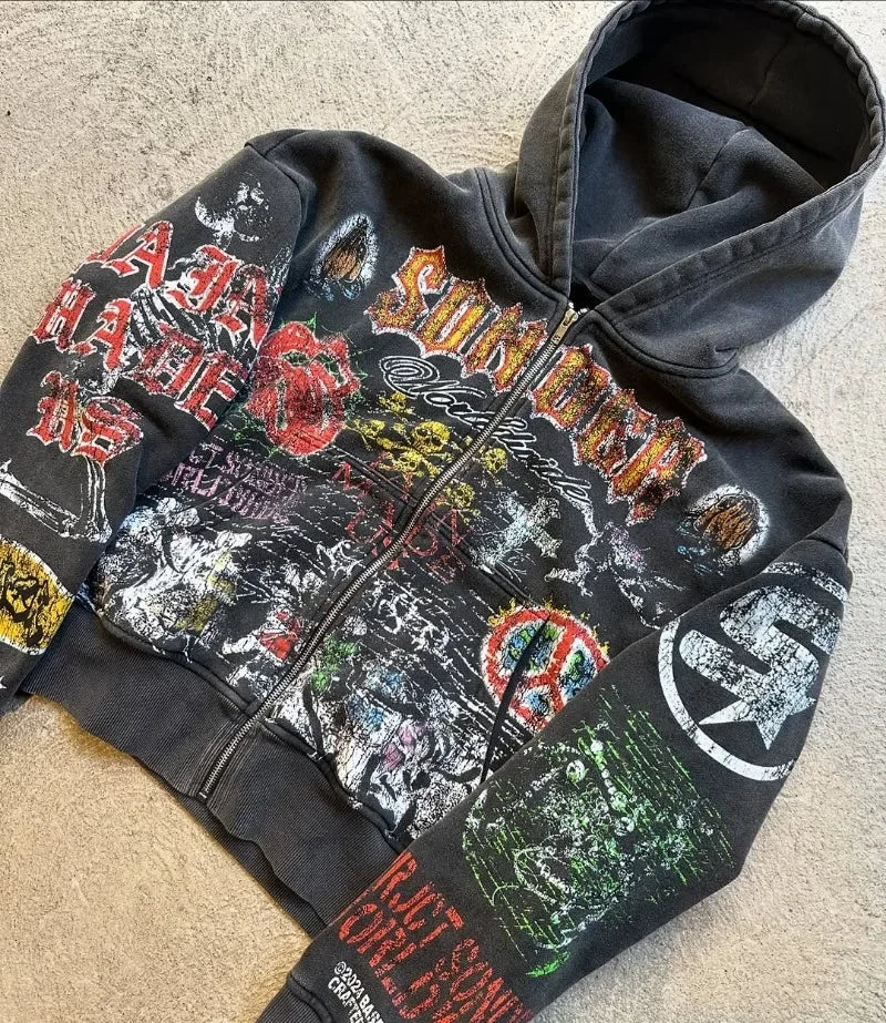 American Retro Y2K Skull Graphic Zipper Hoodie Men Gothic Punk Trendy Streetwear Jacket Hip Hop Harajuku Oversized Sweatshirt