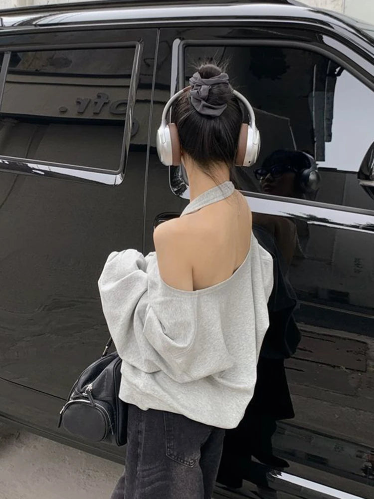 Zoki Sexy Halter Sweatshirt Women Streetwear Off Shoulder V Neck Pullovers Vintage Loose Backless Design Female Korean Tops New