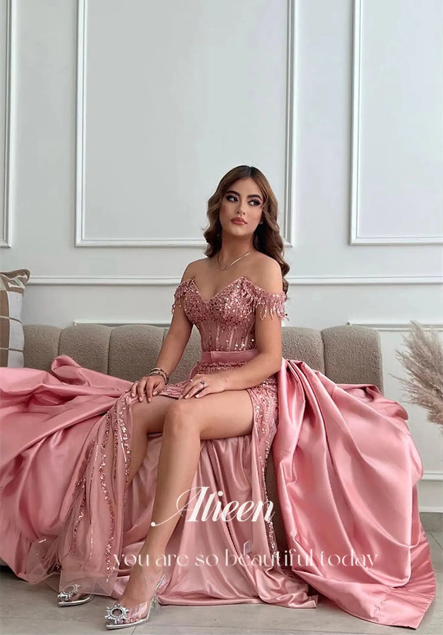 Off the Shoulders Mermaid Gray Blue Beads Dresses for Dancing Parties High Quality Luxury Dress customized Women Elegant Party