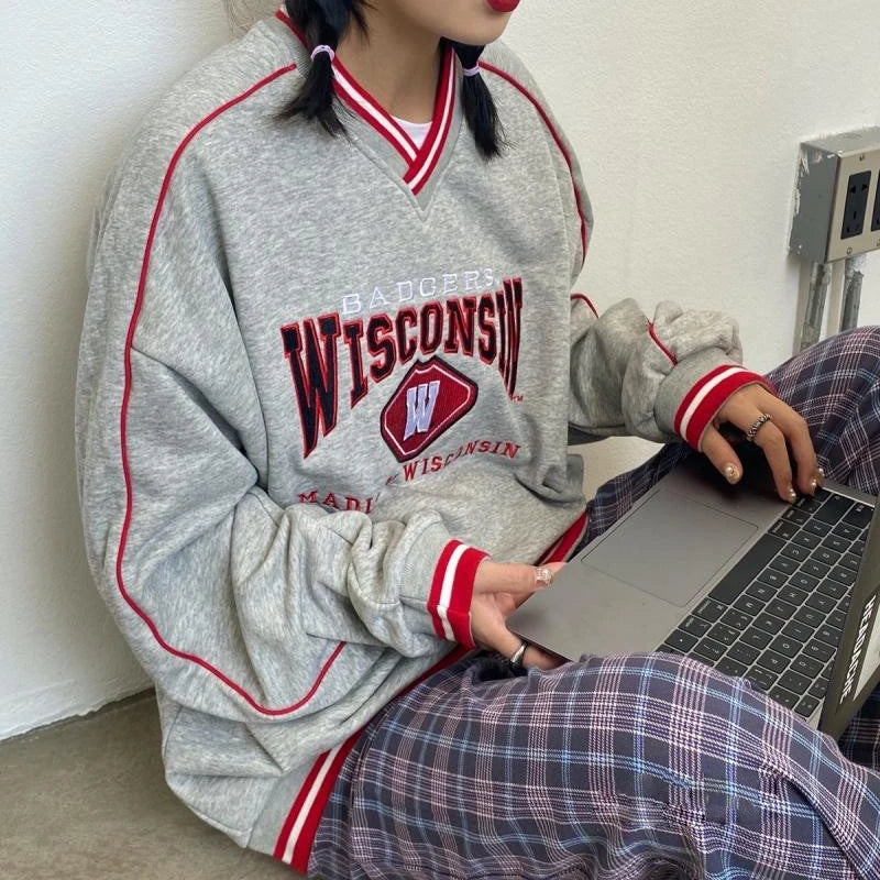 Retro American V-ne Letter Embroidery Pure Cotton College BF Sle Loose Fit Thin Hoodie Women's Autumn Baseball Jaet