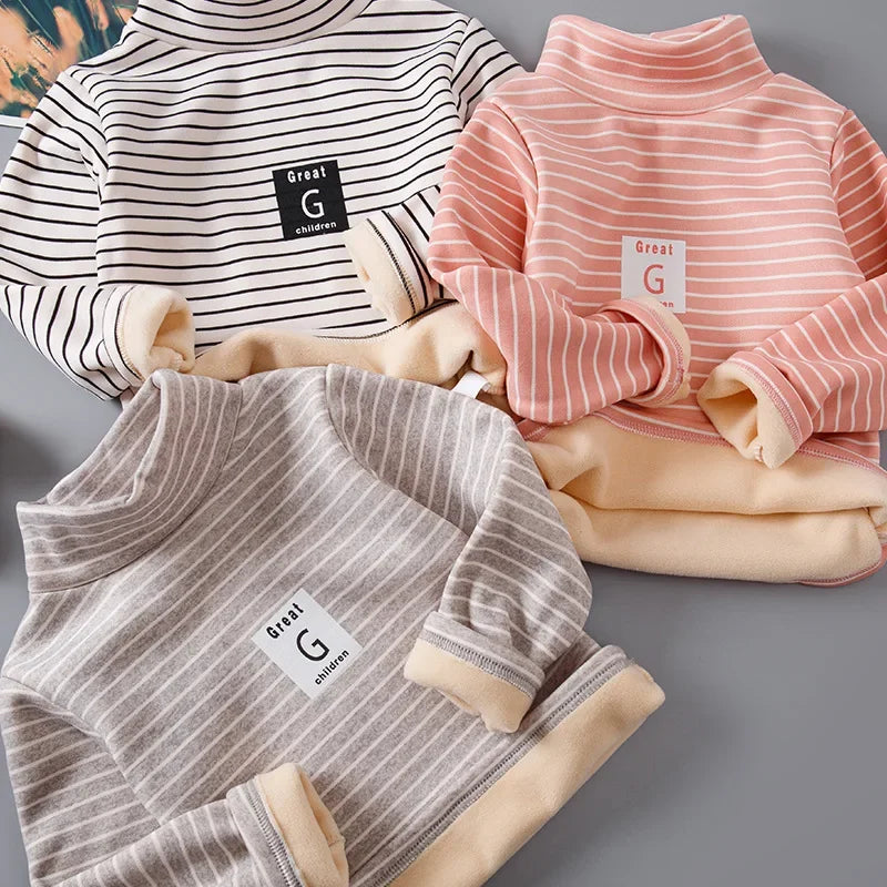 Children's Autumn Winter Fleece-Lined Sweatshirt Casual Style Middle Neck Base Layer Top Outer Wear Boys Girls Home Clothes