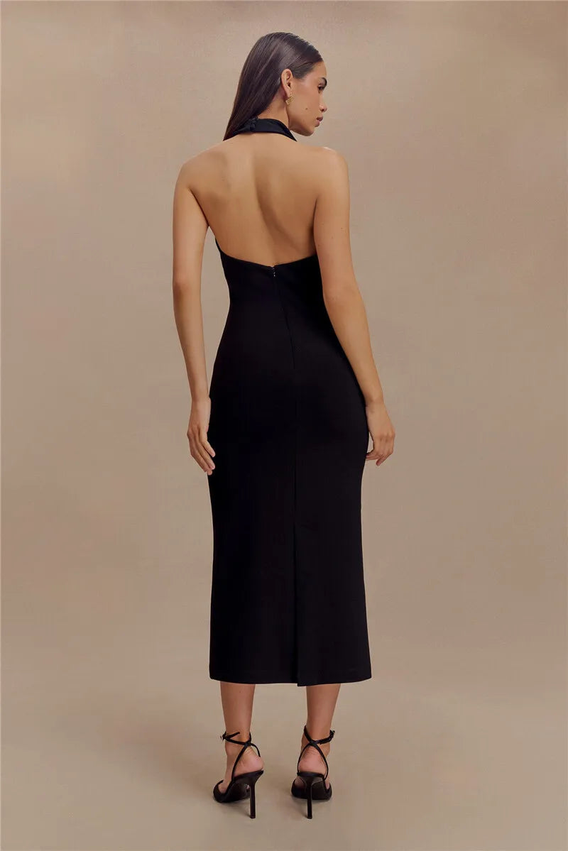 Mozision Halter Deep V Neck Sleeveless Sexy Maxi Dress For Women Elegant Backless Bodycon Tank Dress Femme Fashion Long Dress