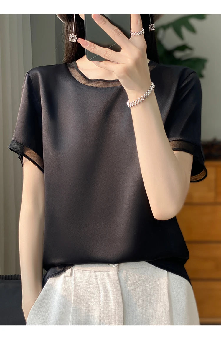 Oversize New Arrival T-Shirt Silky Satin Surface Women's Tees Short ONeck Tank Top Casual Slim Solid Lady Clothes Fashion Trends