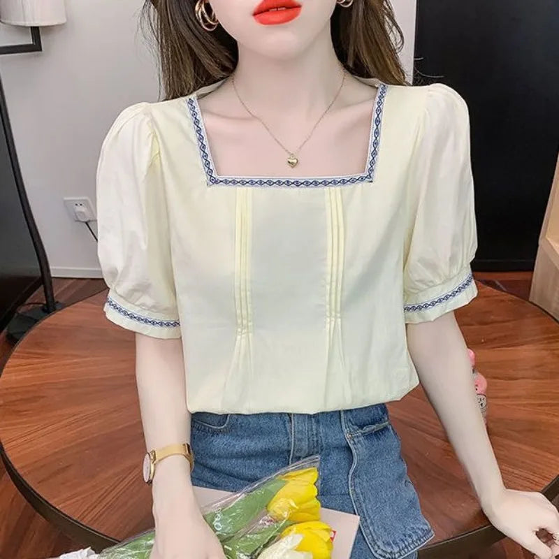 Women Clothing Summer Korean Fashion Embroidered Solid Color Square Collar Puff Sleeve Femme All-match Pleated Short Sleeve Tops