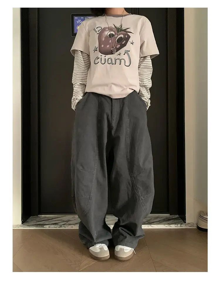 HOUZHOU Y2K Vintage Wash Women Cargo Jeans Harajuku Scimitar Wide Leg American Retro Denim Pants Baggy Trousers Gyaru Streetwear