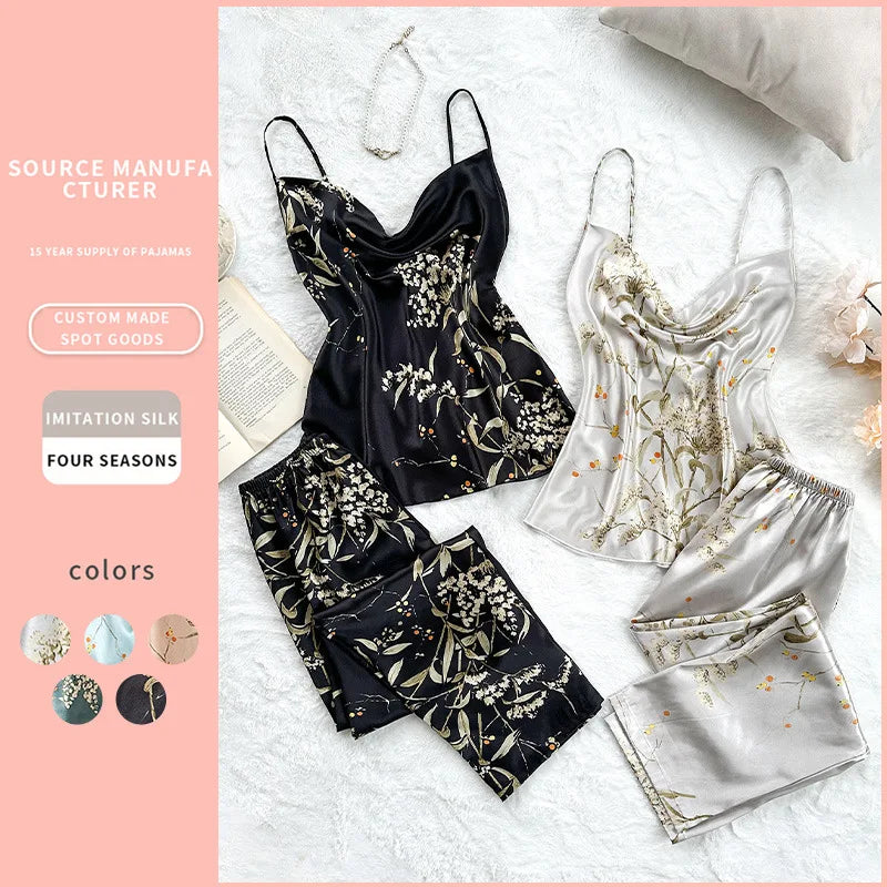 2Pcs Summer Sexy New Fashion Women's Pajamas Top Women Printed Backless Slip Dress Imitation Silk Loungewear Simple Sleepwear