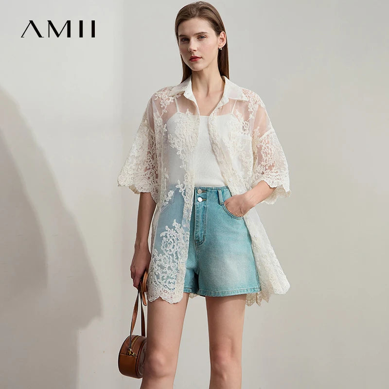 AMII Minimalist Office Lady Print Shirts Women Summer 2025 Short Sleeve Turn-down Collar Loose Blouses Female Fashion 12542155