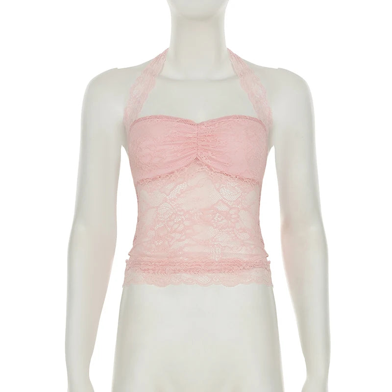 Cuteandpsycho Sexy Lace Patchwork Y2K Camisoles Backless Transparent Slim Outfits Party 90s Vintage Clubwear Halter Neck Tops