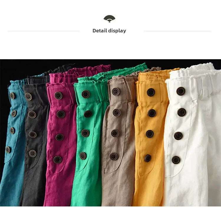 Vintageartistic High-waisted Slimming Cotton Linen Shorts For Women Casual Loose-fit Bell Bottoms 2024 New Style