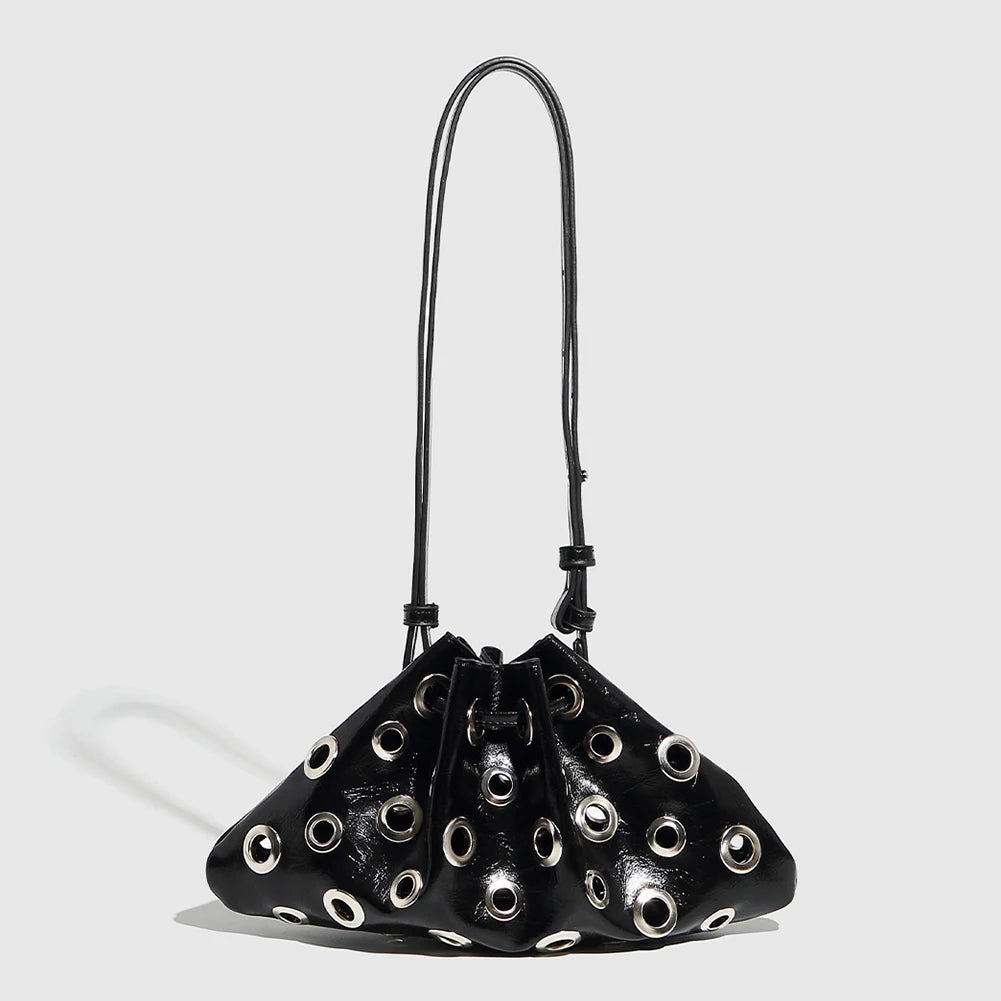 Women Metal Stud Y2k Shoulder Bag Large Capacity Retro Hollow Handbag Drawstring Crossbody Bag Shopping Vacation Handbag