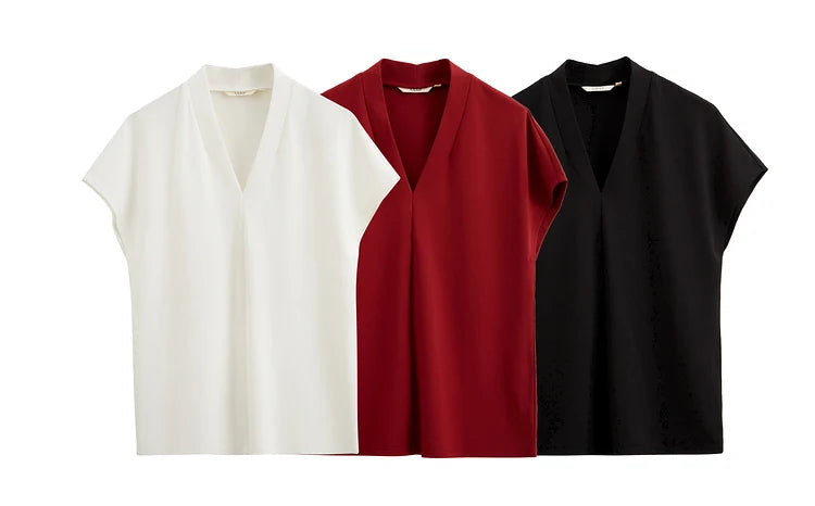 AMII Minimalism 2023 Summer Women's T-shirt Classic Style Casual V-neck Short Sleeve Solid Stretch Female Tops & Tees 12312013